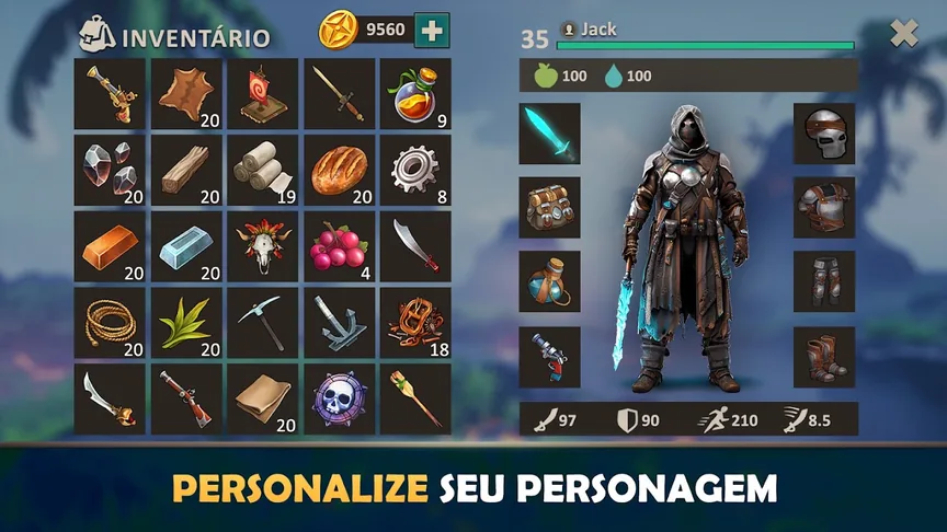 Inventário do EVO 2 com 25 espaços, 9560 moedas do jogo, personagem Jack de capuz e armadura, e atributos 97, 90, 210 e 8.5 por baixo