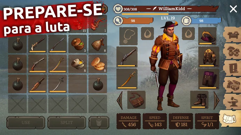 Inventário do Mutiny com o pirata WilliamKidd de nível 19, pistolas, sabres e bombas nos espaços, e os valores DAMAGE 456, SPEED 143, DEFENSE 181 e SPIRIT 1/1