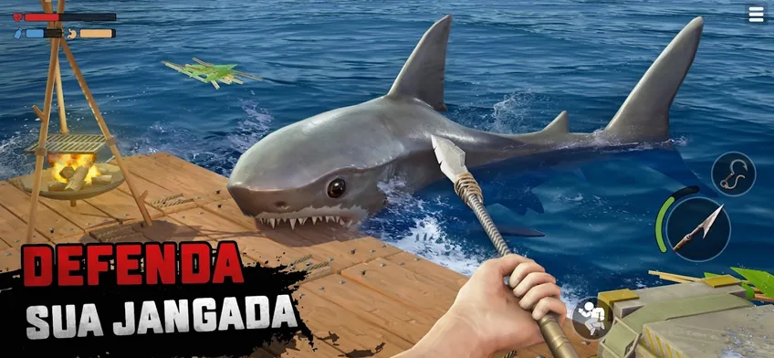 Raft Survival Ocean Nomad: tubarão cinzento de boca aberta encostado à jangada, jogador a apontar uma lança de ponta metálica e grelha com lume ao lado