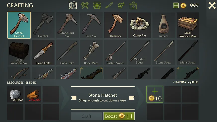 Menu CRAFTING do Último Pirata com Stone Hatchet selecionado: pedra 100/350, madeira 250/200 a vermelho, botão Craft cinzento e Boost por 11 moedas