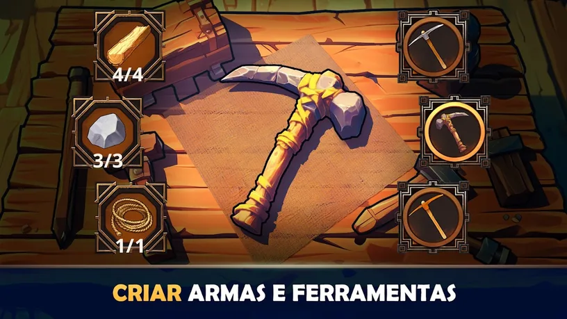 Ecrã de fabrico do Survival Island EVO 2: picareta desenhada sobre a bancada, com contadores 4/4 de madeira, 3/3 de pedra e 1/1 de corda à esquerda