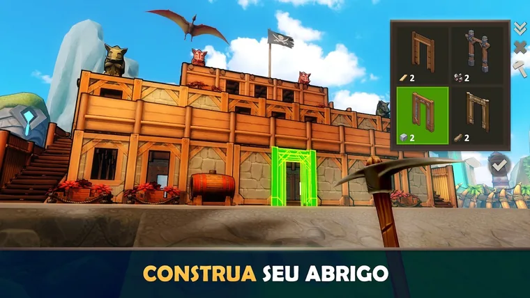 Forte de madeira com uma porta em pré-visualização verde e um menu de quatro molduras de porta, cada uma com custo 2