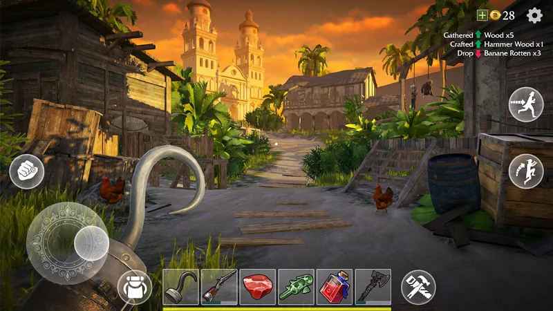 Vila colonial ao pôr do sol com duas galinhas no caminho e, no canto, o registo Gathered Wood x5, Crafted Hammer Wood x1 e Drop Banane Rotten x3